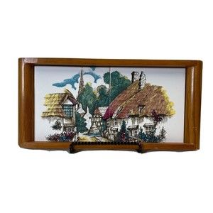 Mid Century English Village Cottage Scene Tiles on Wooden Tray 14.25"